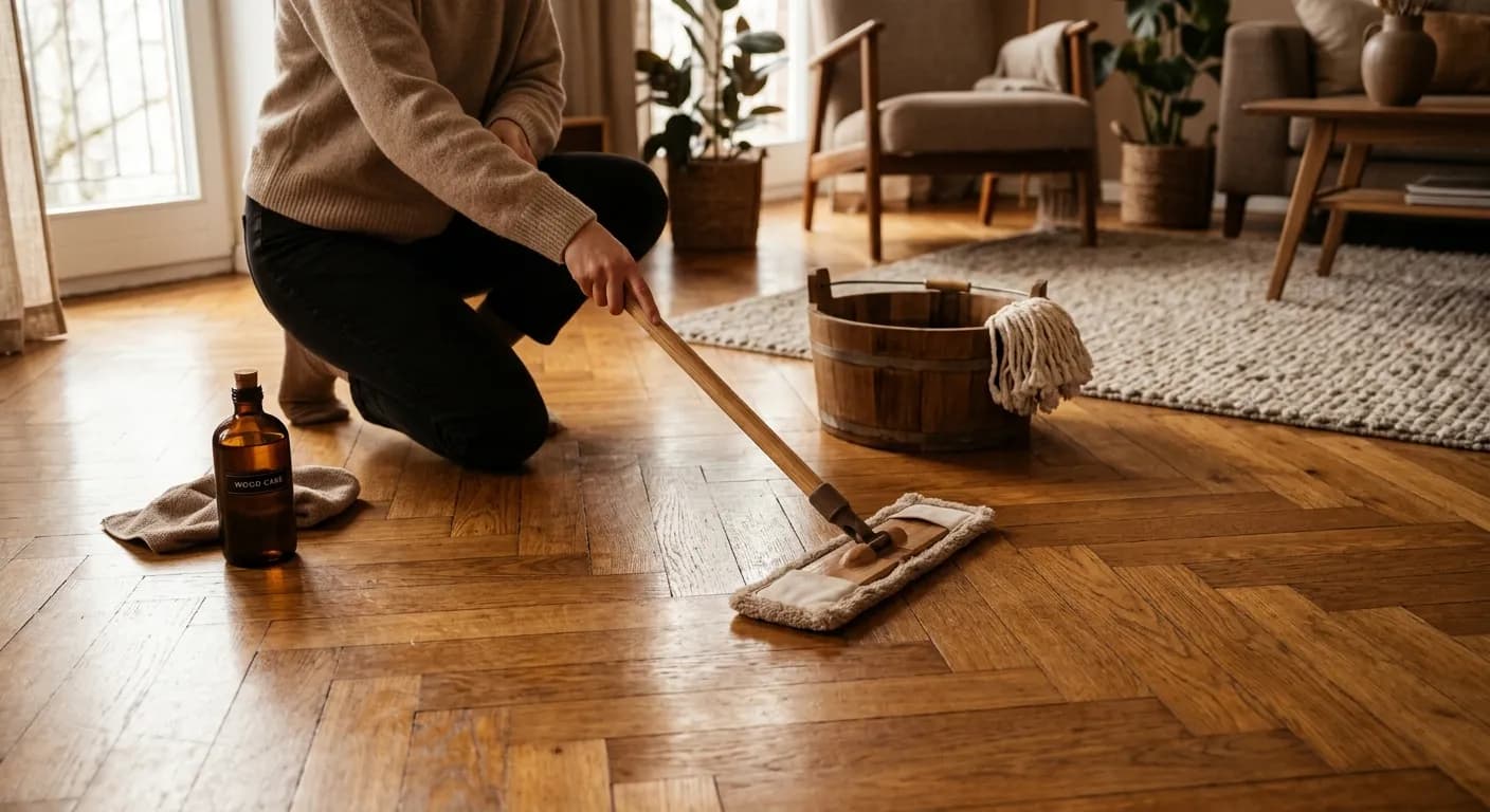 Temiz ve bakımlı ahşap desenli parke yüzeyi
